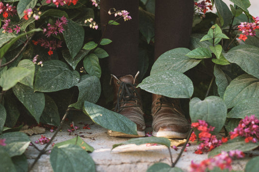 person standing in bushes, hiding only shoes to be seen