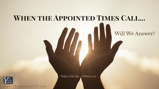 Silhouette of hands lifted toward sunlight with the phrase “When the appointed times call, will we answer,” representing surrender and response to Yahuah’s appointed times
