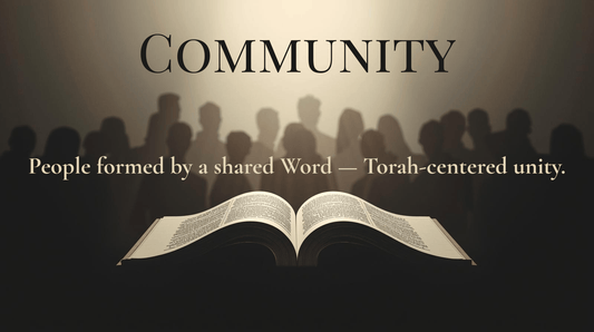 “Minimalist header image of an open ancient scroll illuminated by soft light, symbolizing Torah as the foundation of community, with subtle silhouettes of people gathered in unity behind it. Title text reads ‘Community.’”