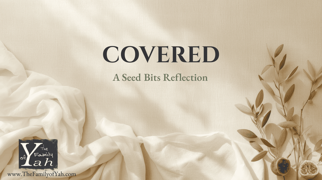 Faith-inspired banner with white garment fabric, olive branches, and the title ‘Covered – A Seed Bits Reflection,’ featuring The Family of Yah branding