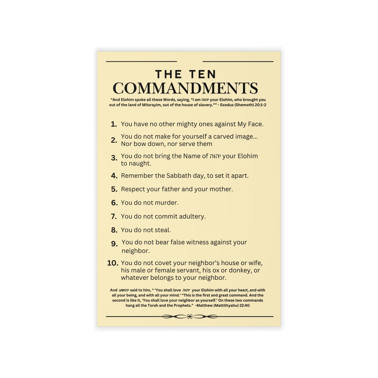 Ten Commandments using  the Name of יהוה your Elohim - Wall Decal - 12" x 18" (Natural Background Color)
