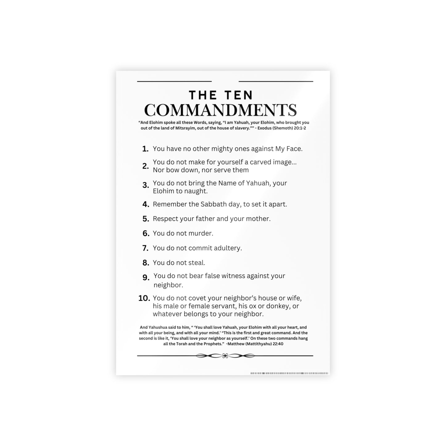 Ten Commandments Poster using the Name of Yahuah, your Elohim - Glossy Print (White Background Color)