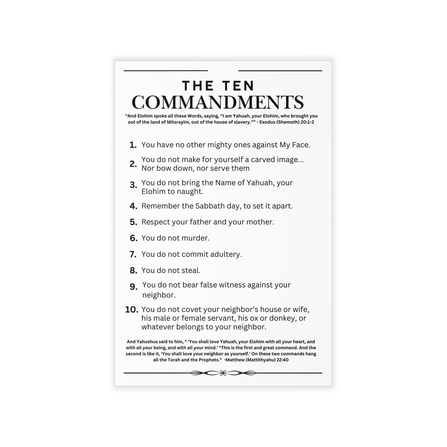 Ten Commandments using  the Name of Yahuah your Elohim - Wall Decal - 12" x 18" (White Background Color)