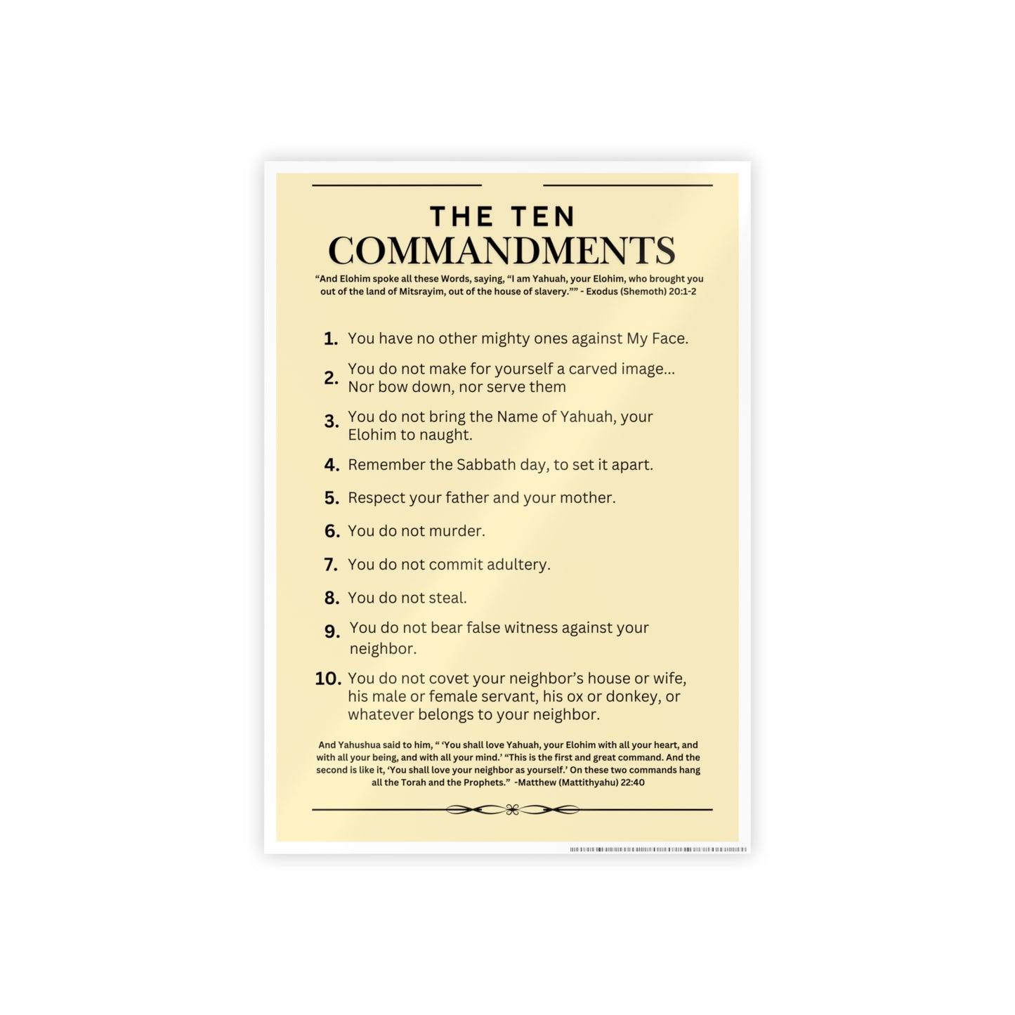 Ten Commandments Poster using the Name of Yahuah your Elohim - Glossy Print (Natural Background Color)