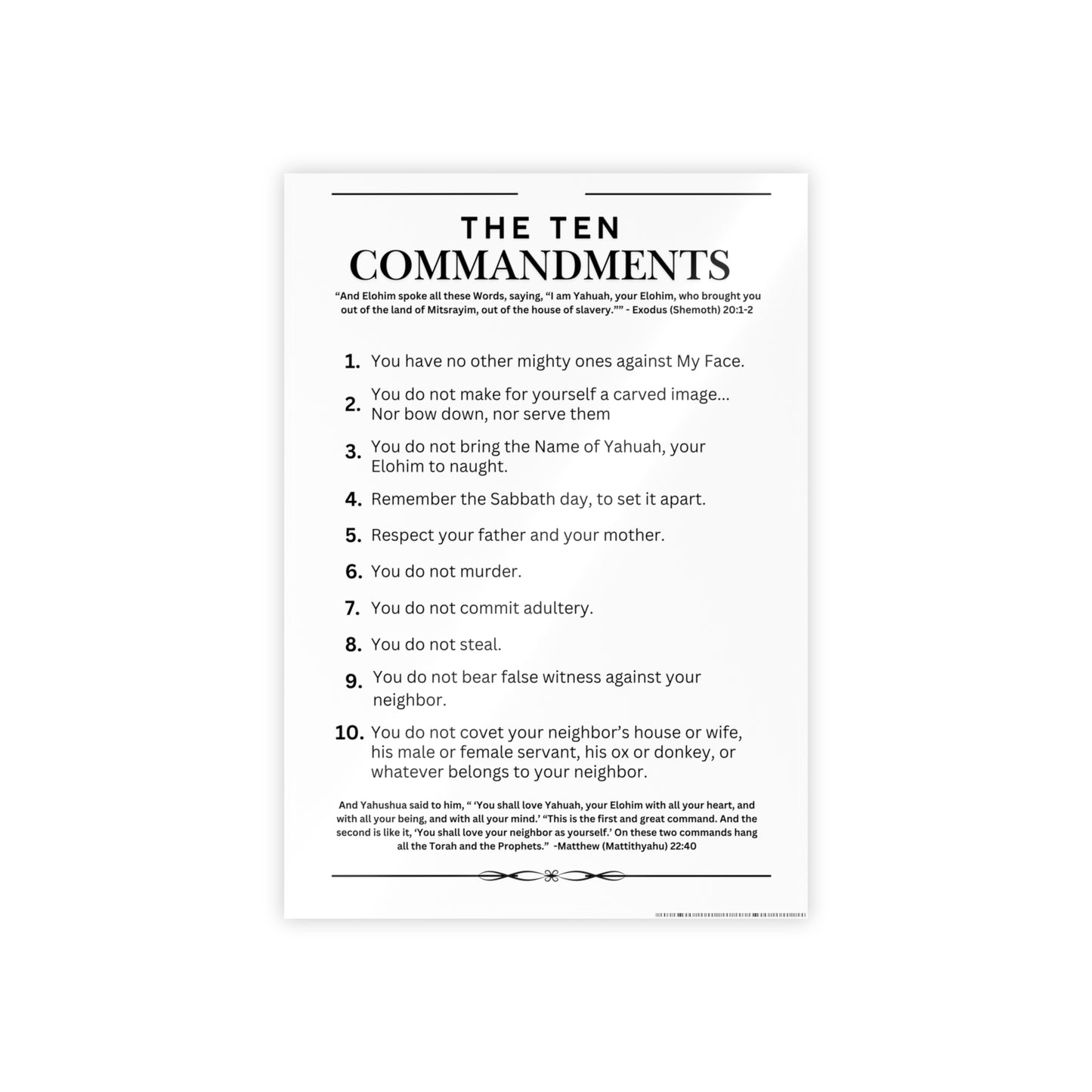 Ten Commandments Poster using the Name of Yahuah, your Elohim - Glossy Print (White Background Color)