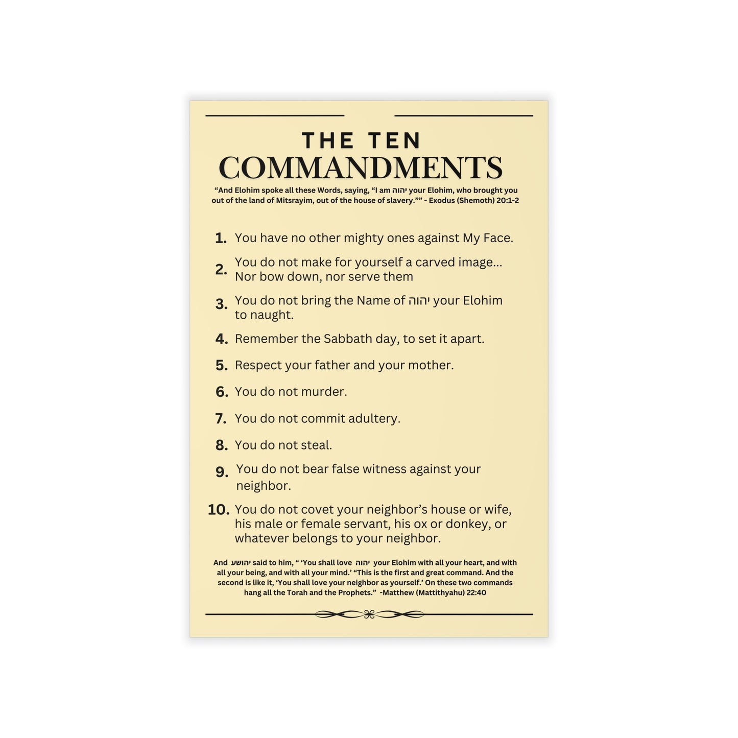 Ten Commandments using  the Name of Yahuah, your Elohim - Wall Decal - 12" x 18" (Natural Background Color)