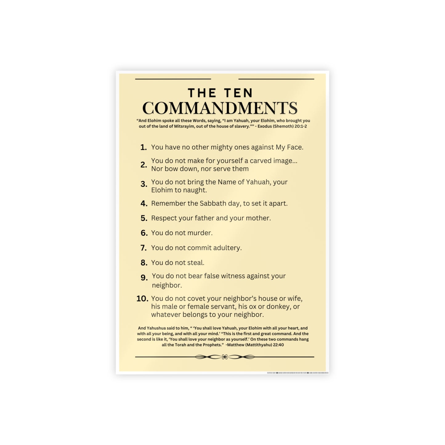 Ten Commandments Poster using the Name of Yahuah your Elohim - Glossy Print (Natural Background Color)