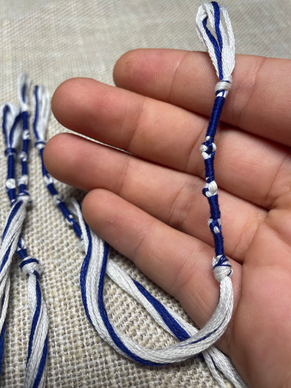 Close-up of 10-5-6-5 wrap pattern in blue and white tzitzit  in hand for reference by The Family of Yah