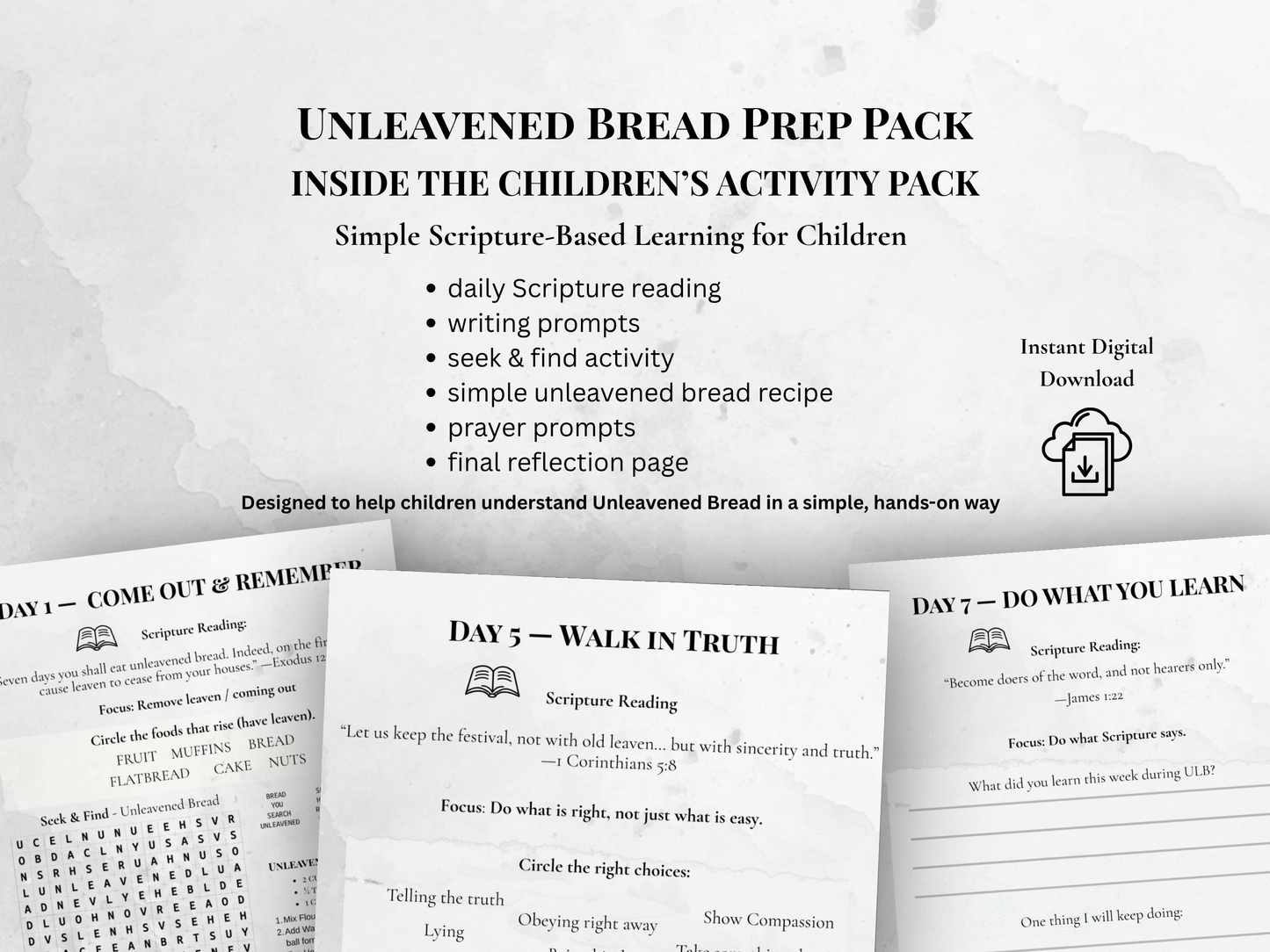 Unleavened Bread Activity Pack for Children | 7-Day Scripture-Based Learning (Printable PDF)