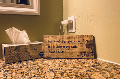 Psalm 119:105 "You word is a lamp to my feet..." Wood Burned Scripture